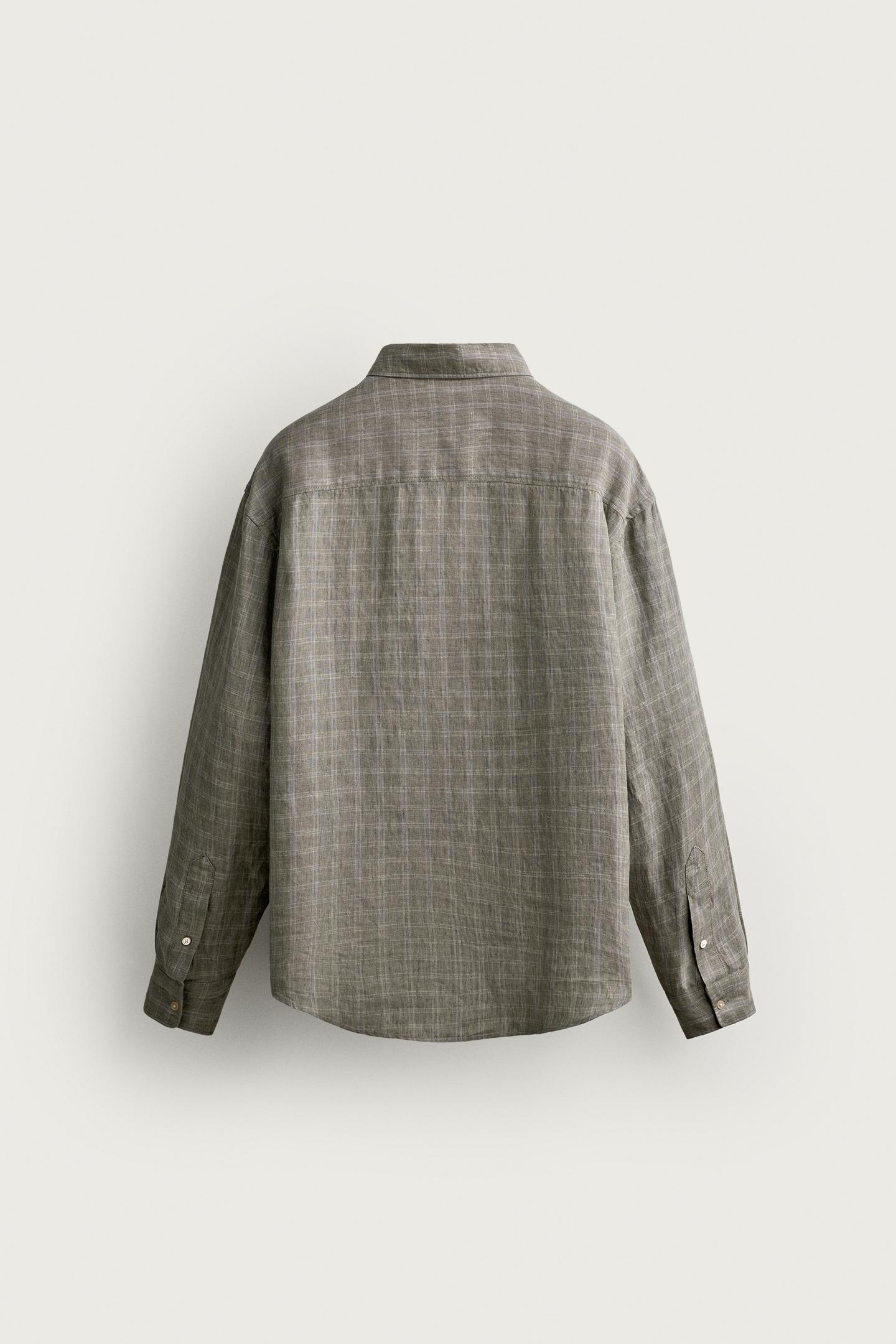Мужская рубашка Zara 100% Linen Checked, цвет: Серый зелёный — фото 8