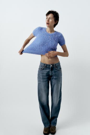 СВИТЕР ИЗ ВОРСИСТОГО ТРИКОТАЖА СО СТРАЗАМИ — СИНИЙ от Zara — изображение 0
