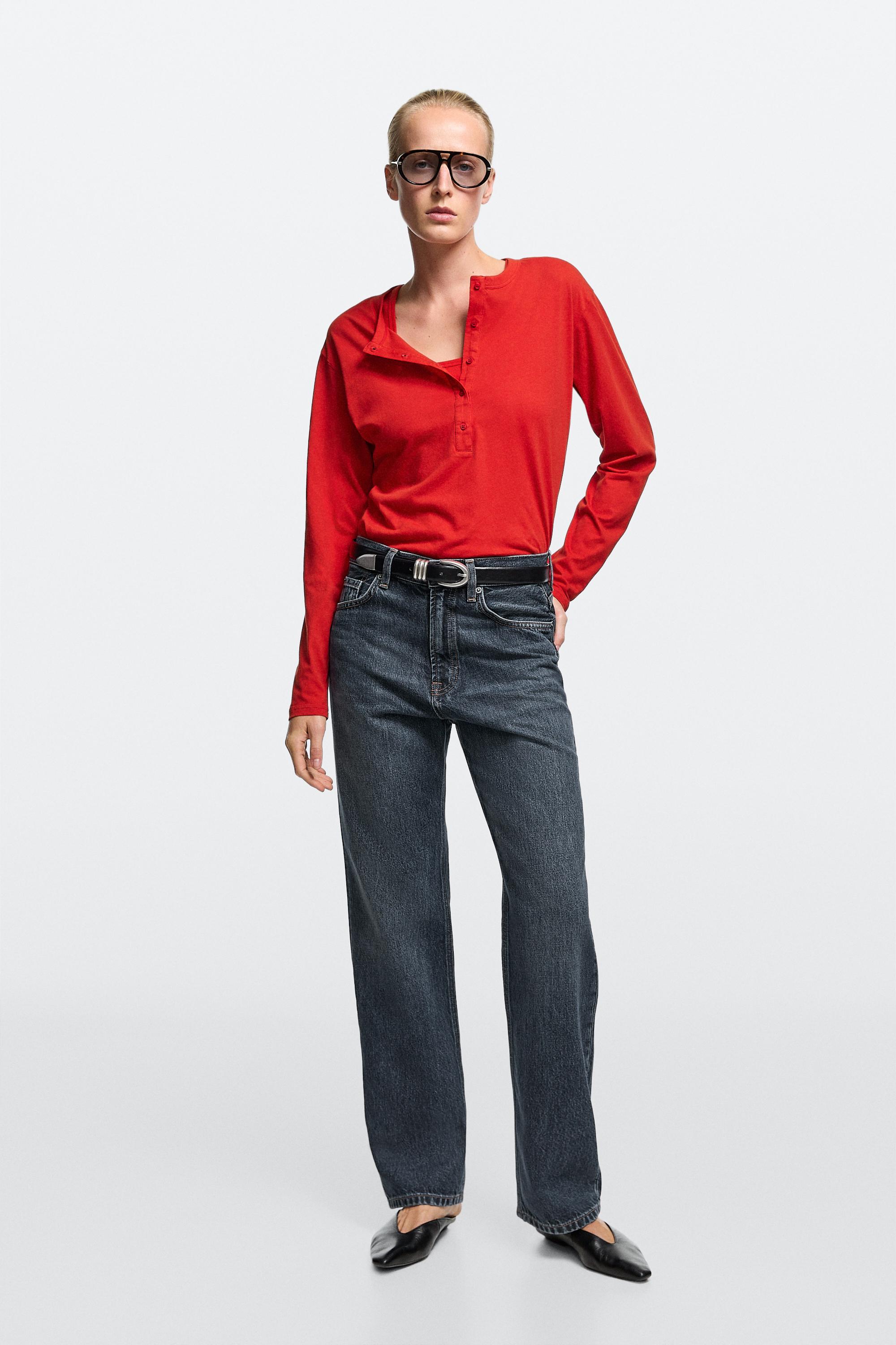 High-waist straight-leg jeans — Mid-blue