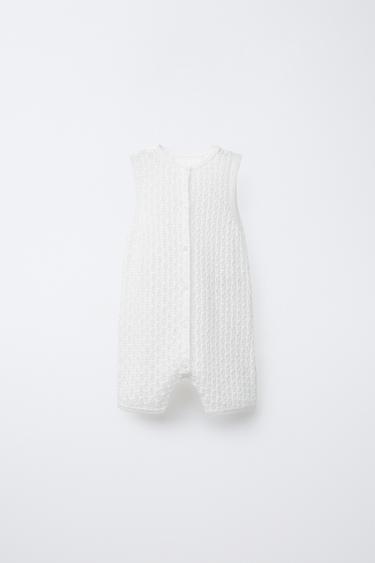 Zara OPENWORK KNIT OVERALL SHORTS - Light ecru