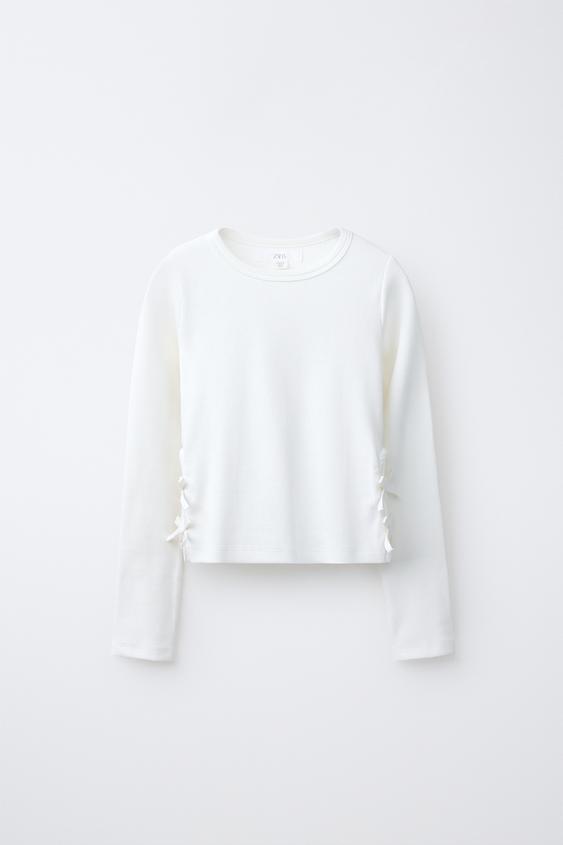 RIBBED CUT-OUT BOW T-SHIRT - Oyster-white by Zara - Image 0