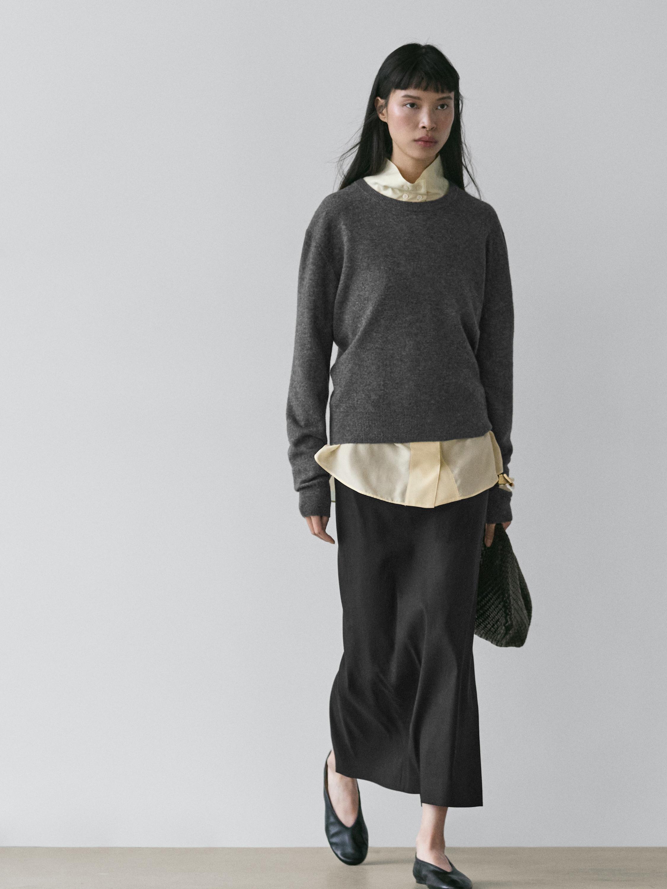 Straight linen blend midi skirt