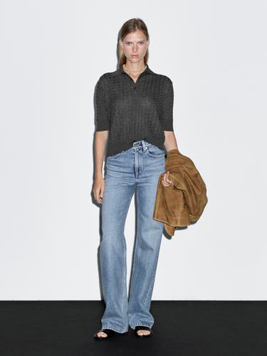 Zara Wool blend cable-knit polo shirt - Anthracite grey - Image 0