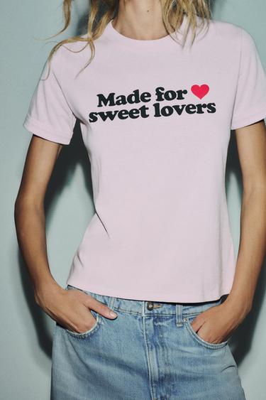 Zara COTTON T-SHIRT WITH TEXT AND RIPS - Pink