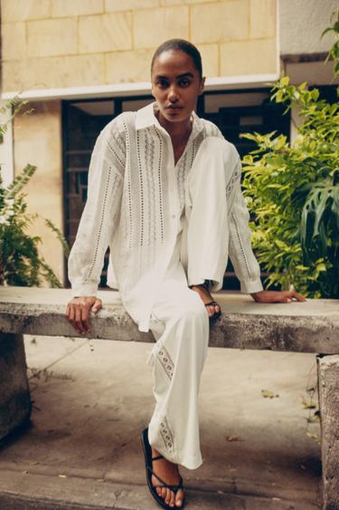 PANTALON LARGE BANDE LATÉRALE - Écru de Zara - Image 0