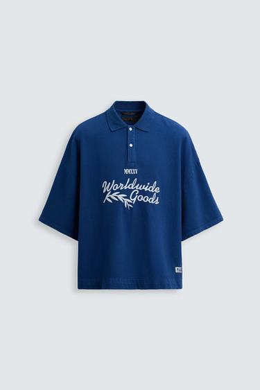 Zara EMBROIDERED TEXT POLO SHIRT - Blue