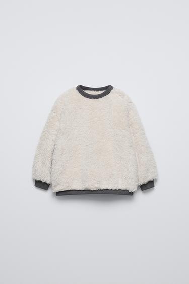 Zara FAUX FUR SWEATSHIRT - Ecru