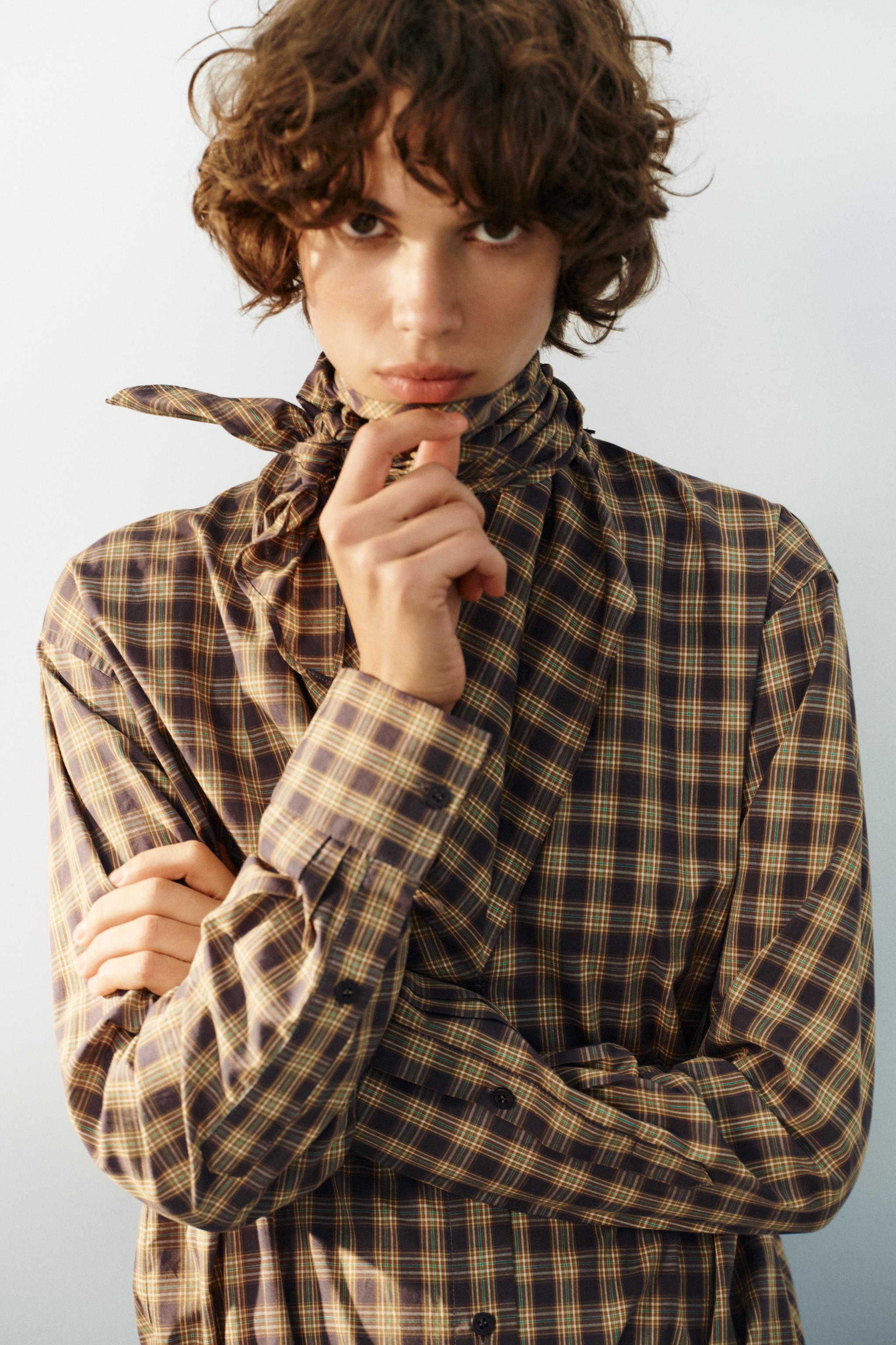 Женские рубашки Zara PLAID SCARF-NECK OVERSIZE SHIRT — фото 5