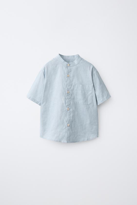 STAND COLLAR SHIRT WITH LINEN AND COTTON - Blue by Zara - Image 0