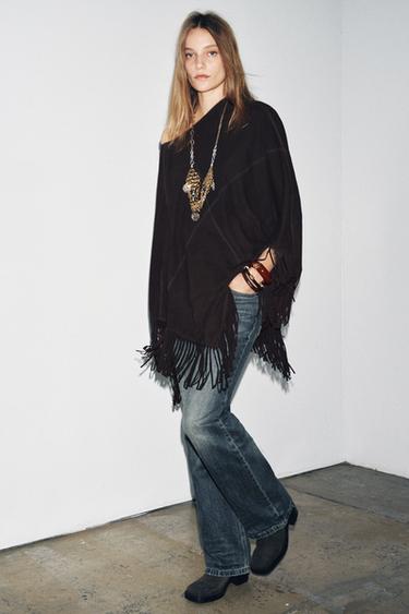 LEATHER FRINGE CAPE - Brown by Zara