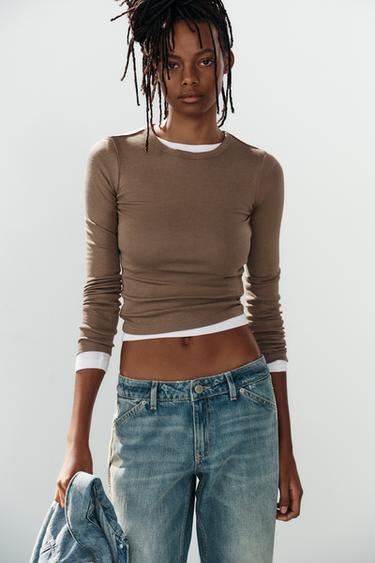 T-SHIRT EN COTON À MANCHES LONGUES - Marron de Zara