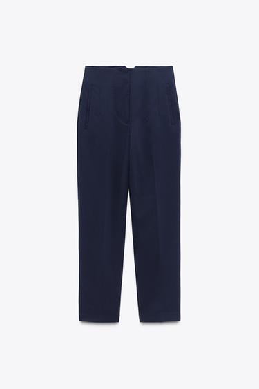Zara PANTS WITH A HIGH WAIST - Navy blue