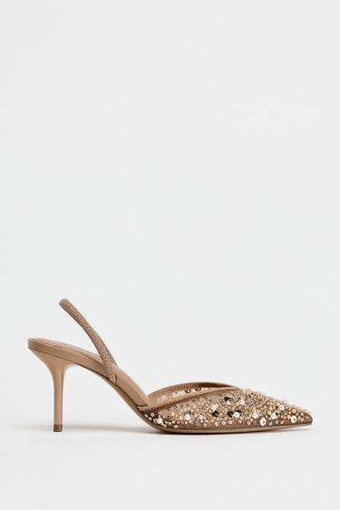 MESH AND BEAD SLINGBACK HEELS - Light beige by Zara