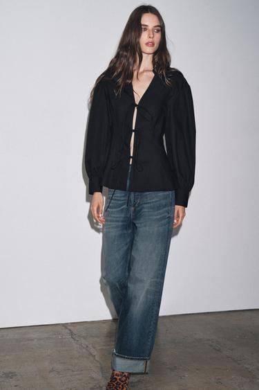 POPLIN SHIRT WITH TIED DETAILS ZW COLLECTION - Black by Zara