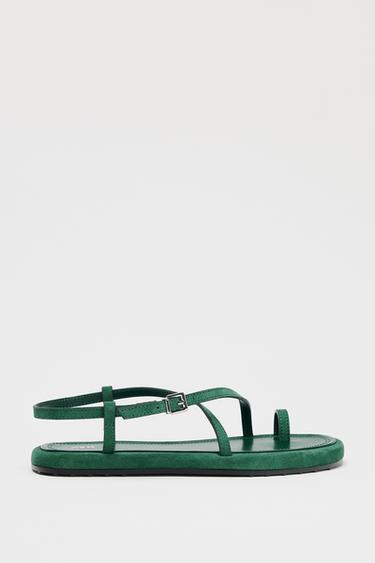 Zara LEATHER STRAP SANDALS - Green - Image 0