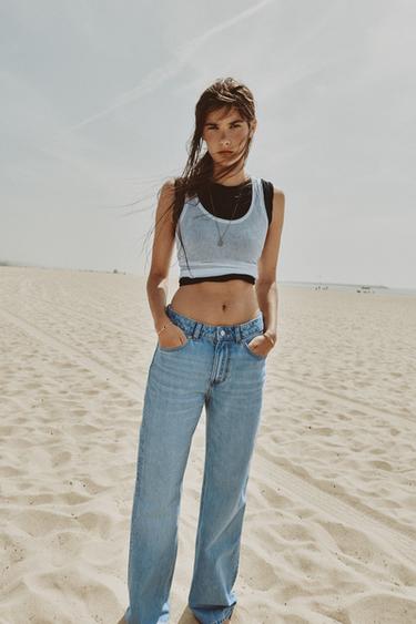 Zara Z1975 HI-RISE STRAIGHT LONG LENGTH JEANS - Light blue