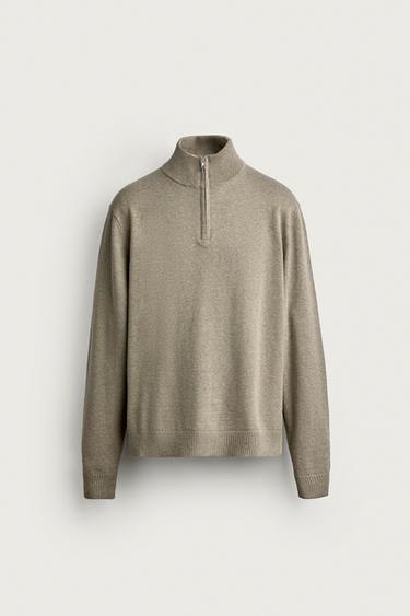 COTTON-WOOL QUARTER-ZIP JUMPER - Green marl by Zara