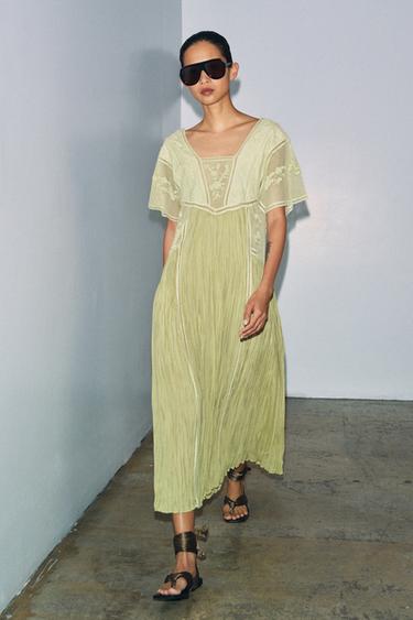 ZW COLLECTION EMBROIDERED PLEATED DRESS - Pistachio by Zara