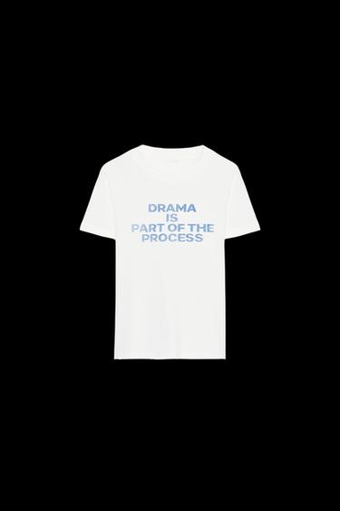 Zara COTTON T-SHIRT WITH TEXT AND RIPS - White - Image 0