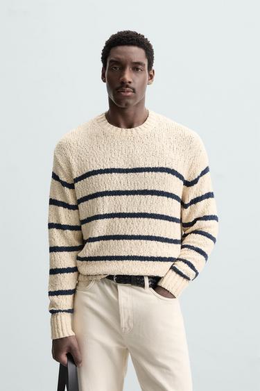 Zara TEXTURED STRIPE SWEATER - Ecru / Navy