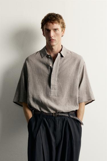 Zara RELAXED-FIT LINEN-COTTON POLO SHIRT - Gray marl