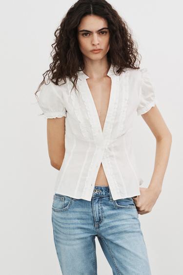 CAMISA DE POPELINA COM FOLHOS - Branco da Zara