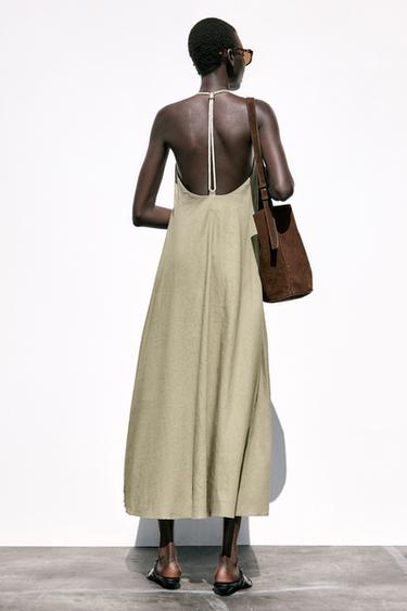VOLUMINOUS LINEN BLEND MIDI DRESS - Light khaki by Zara - Image 4
