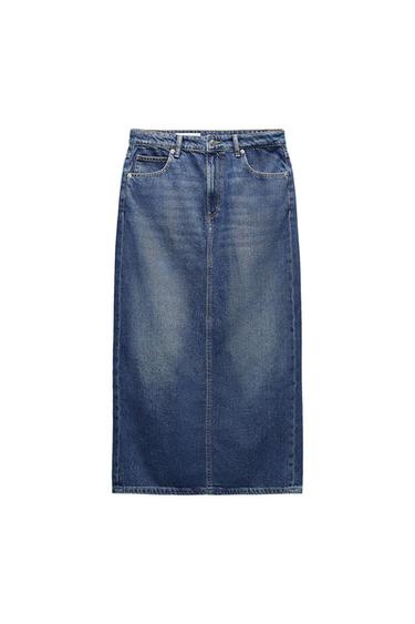Blue denim skirt with front pockets and belt loops, front view on a white background.