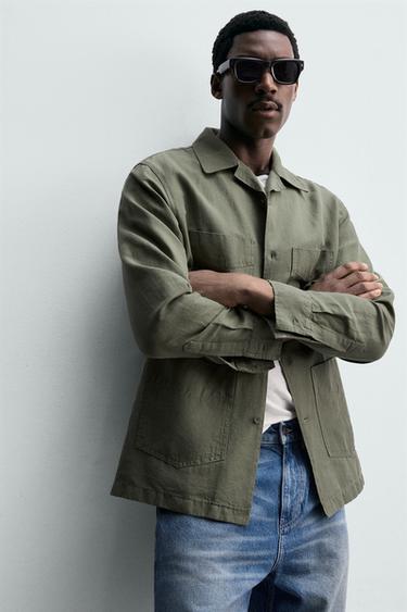 RELAXED FIT LINEN BLEND OVERSHIRT - washed green by Zara - Image 5