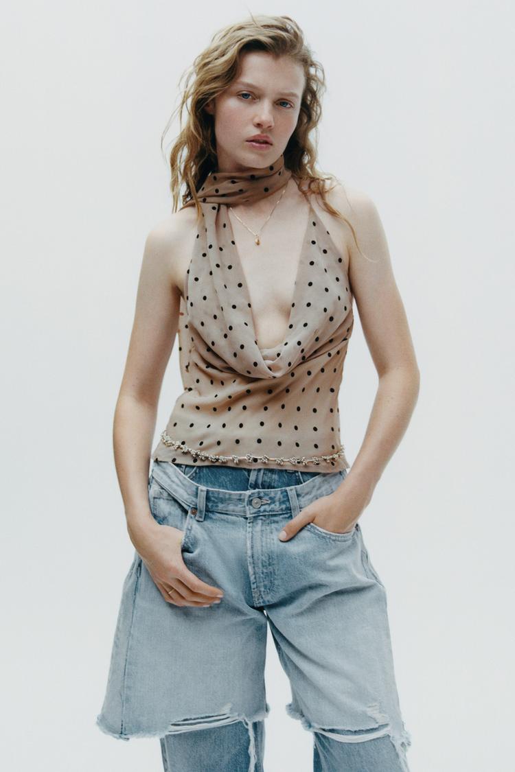 POLKA DOT HALTER SCARF TOP Beige Taupe brown ZARA United States