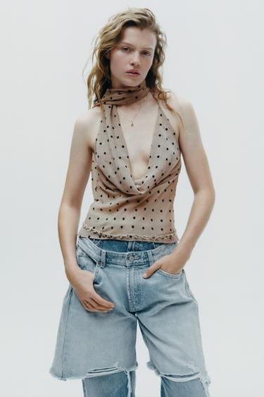 POLKA DOT HALTERNECK TOP WITH SCARF - Beige by Zara - Image 0