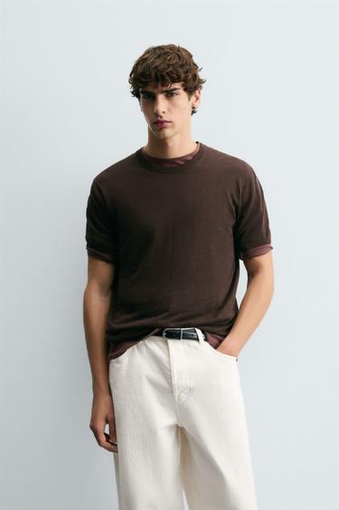 KNITTED LINEN - COTTON T-SHIRT - Brown by Zara