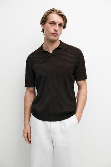 Zara 100% cotton ribbed knit polo sweater - Brown marl
