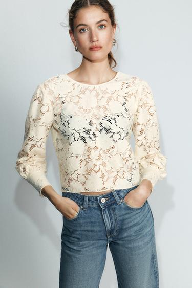 Zara LACE BUTTON-UP SHIRT - Ecru