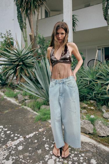 TOP COURT À PAILLETTES ET FRANGES - Chocolat de Zara