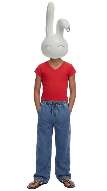 Zara RIBBED V-NECK T-SHIRT - Red - Image 0