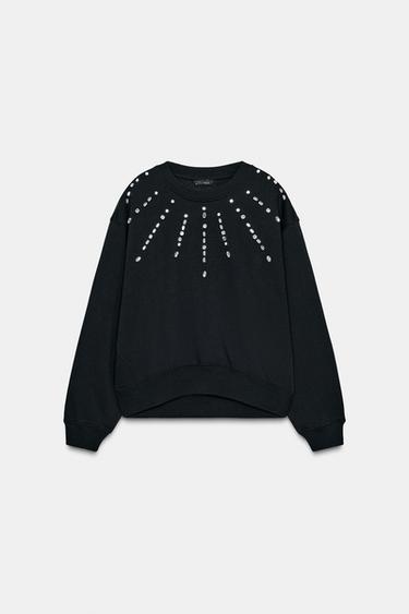 Zara JEWELED FRONT SWEATSHIRT - Black