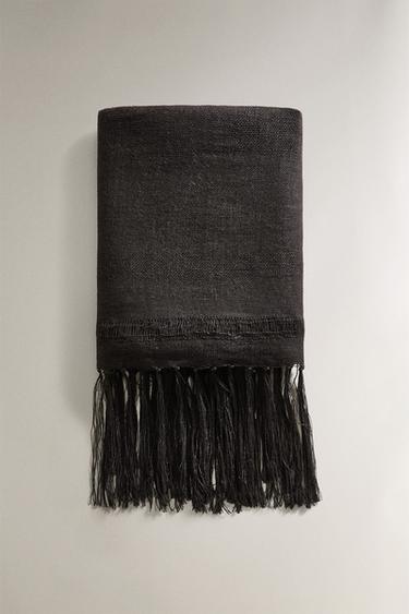 FRINGED LINEN THROW - Dark brown by Zara