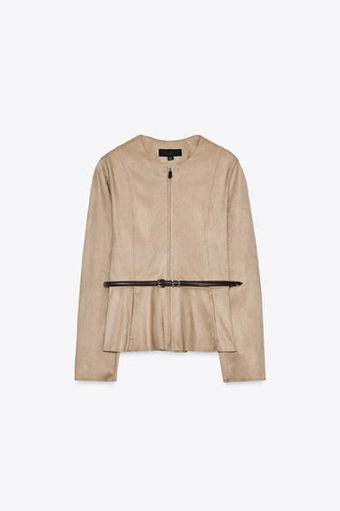 FAUX SUEDE BELTED PEPLUM JACKET - camel by Zara - Image 0