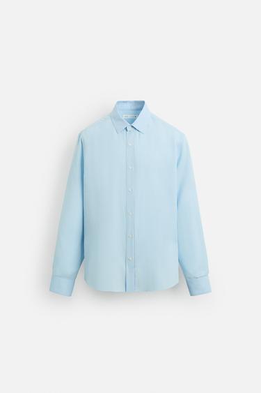 CAMISA DE ALGODÃO-LINHO - Azul-celeste da Zara