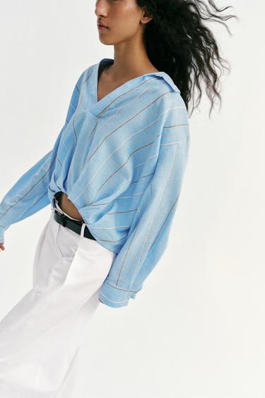 CHEMISE EN LIN À BASE BOUFFANTE - Sable / Bleu de Zara - Image 6