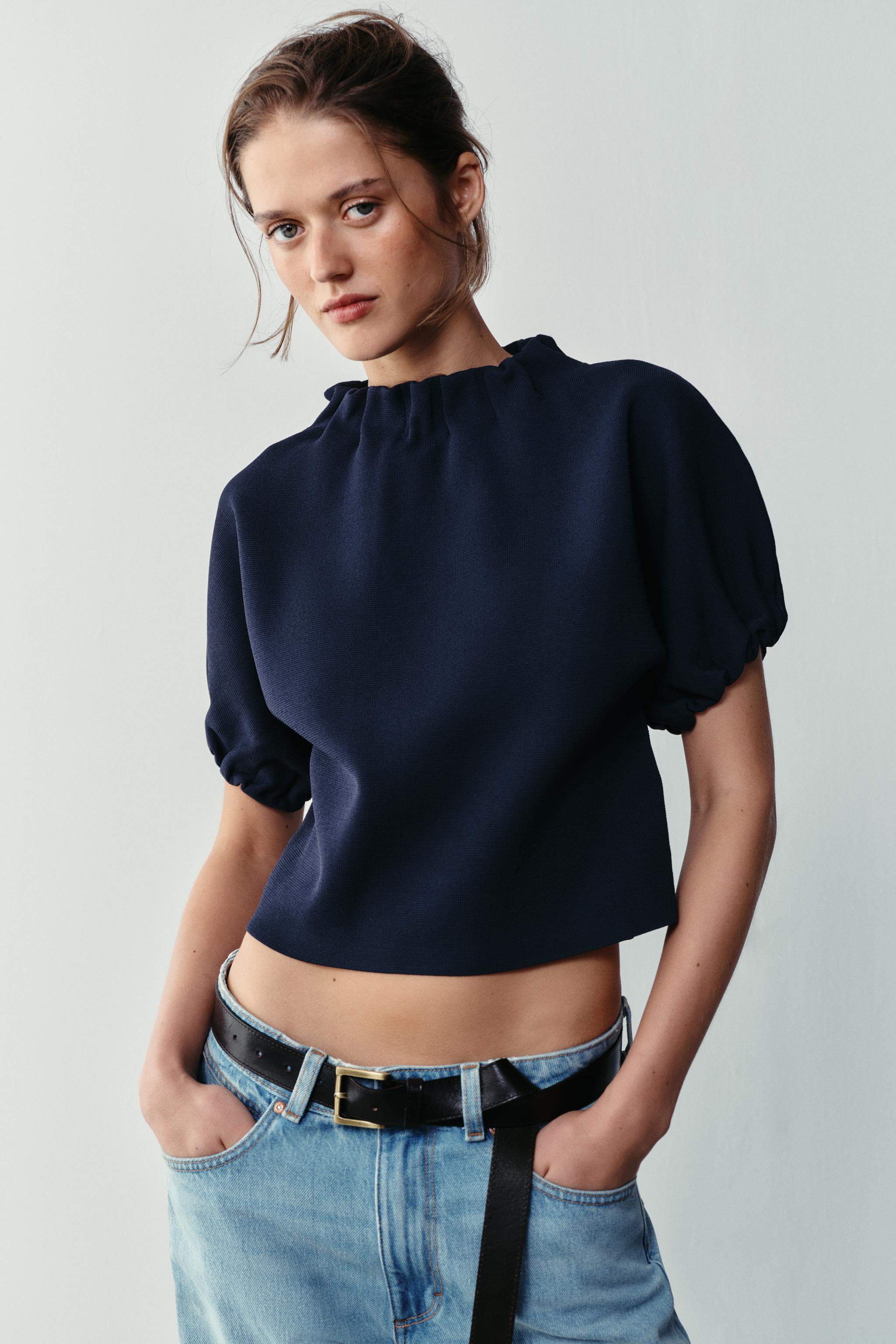 KNIT RUCHED TOP — Navy blue