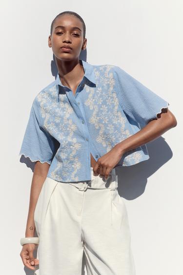 CAMISA CORTA BORDADOS - Celeste de Zara