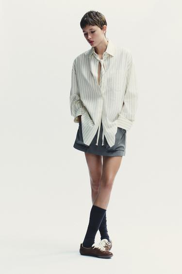 Zara 領帶加大碼襯衫 - 白色 / 灰色 - 圖片 0