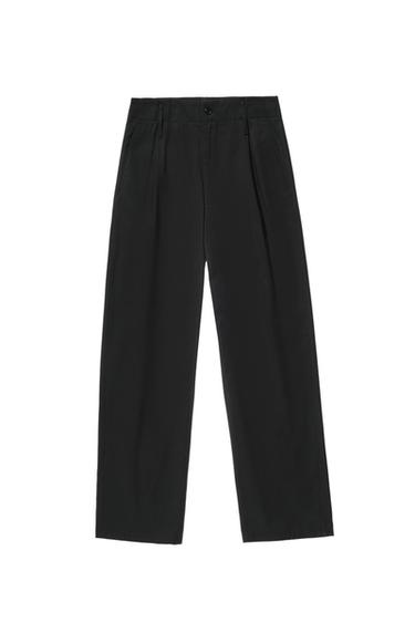 Zara 棉質 - 人造絲寬管長褲 - 黑色