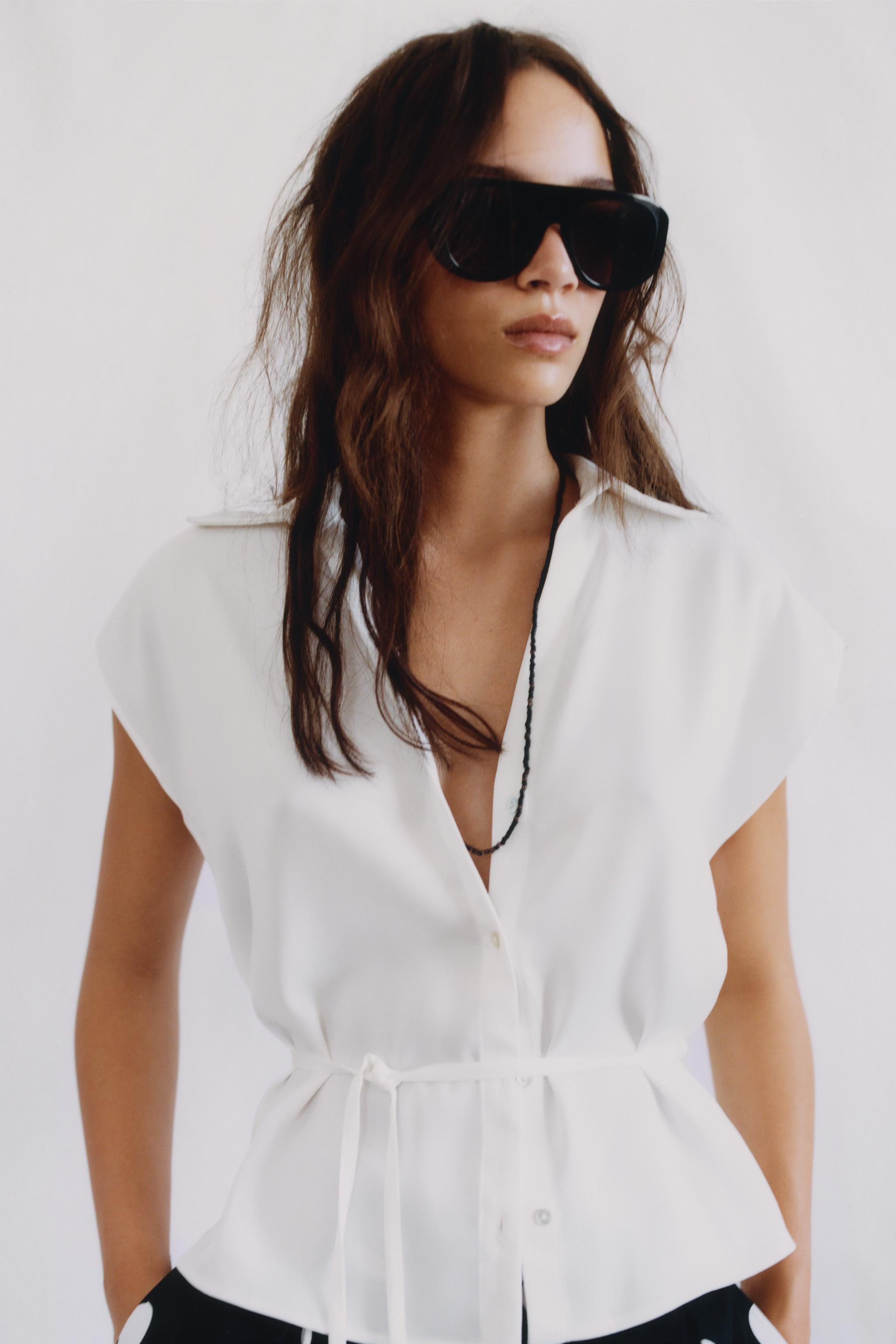 BELTED SATIN EFFECT SLEEVELESS SHIRT — White