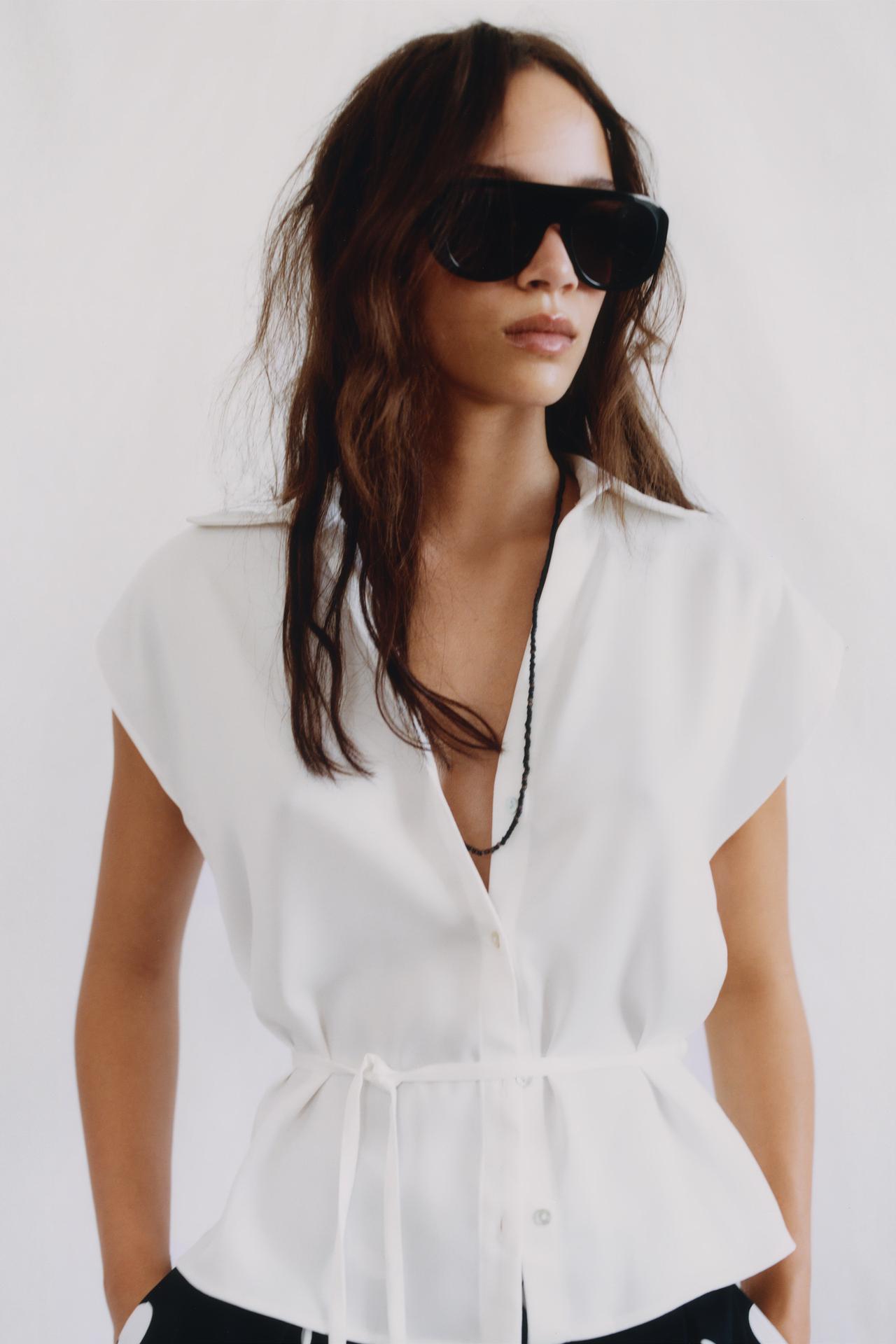 BELTED SATIN EFFECT SLEEVELESS SHIRT — White