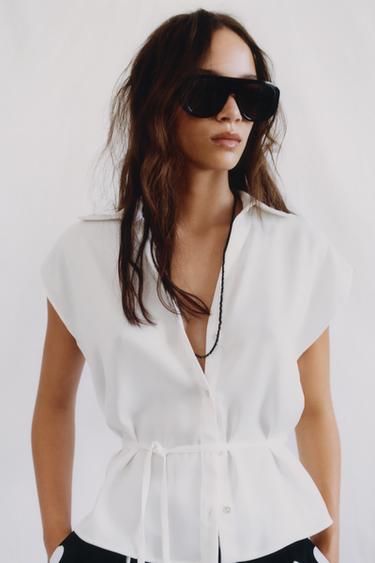 SATIN SHORT SLEEVE SHIRT WITH BELT - White by Zara