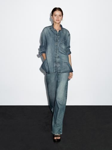 Zara Loose-fitting denim shirt with pockets - Aquamarine - Image 0