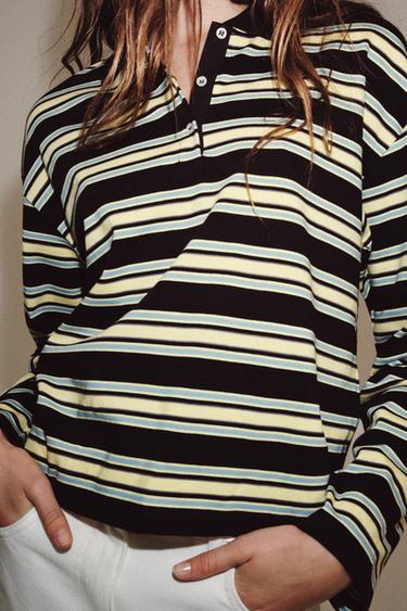 STRIPED LONG SLEEVE POLO SHIRT - Brown-Blue by Zara - Image 3